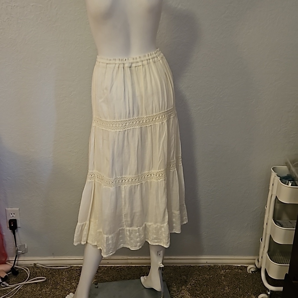 BOBBIE BROOKS 1990s Cream Lace Tiered Drawstring Waist Boho Festival Midi Skirt - Picture 6 of 8